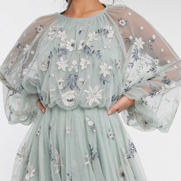 ASOS EDITION Petite Floral Beaded Mesh Dress Size: 4 - Picture 16 of 17